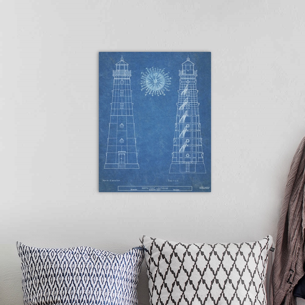 A bohemian room featuring Contemporary artwork in technical blueprint style of North Hope lighthouse.