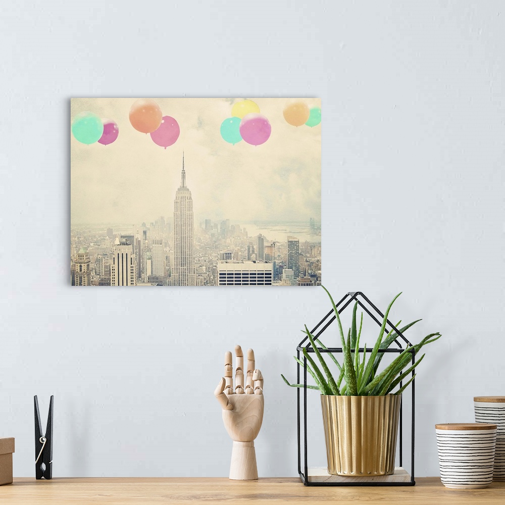 A bohemian room featuring Artistically filtered photograph of the Empire state building in NYC, with bright balloons floati...