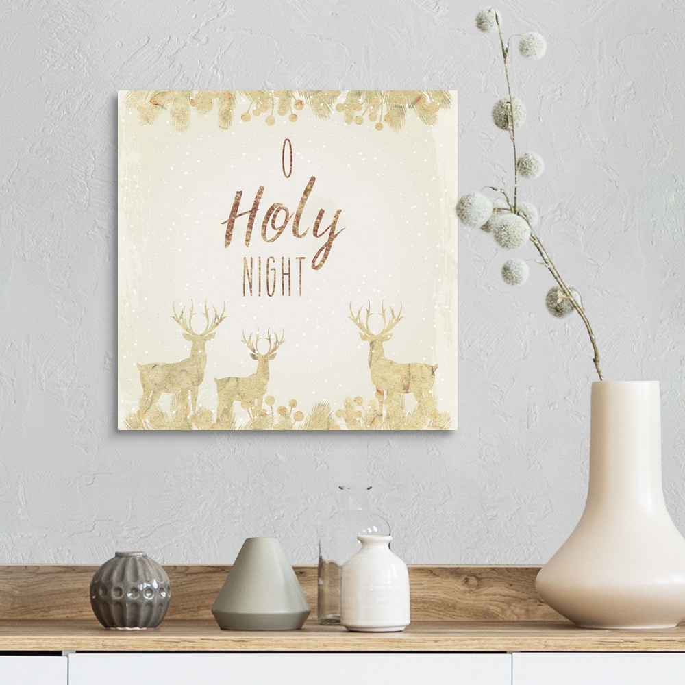 A farmhouse room featuring Holiday sentiment with golden deer silhouettes.