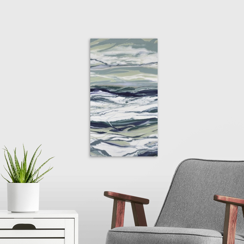 A modern room featuring A cool toned, marble-like abstract painting that represents the ocean.