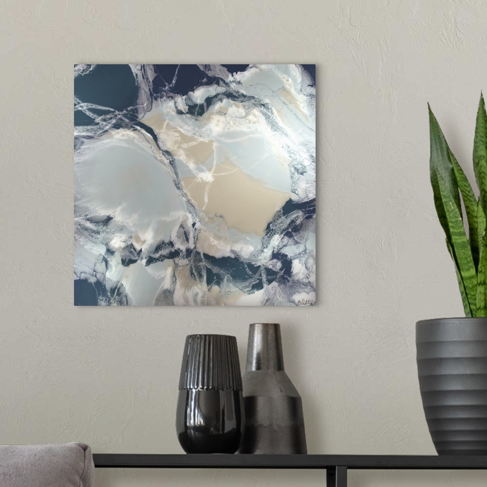 A modern room featuring A contemporary abstract painting with blue, white, and tan hues and a marbling look.