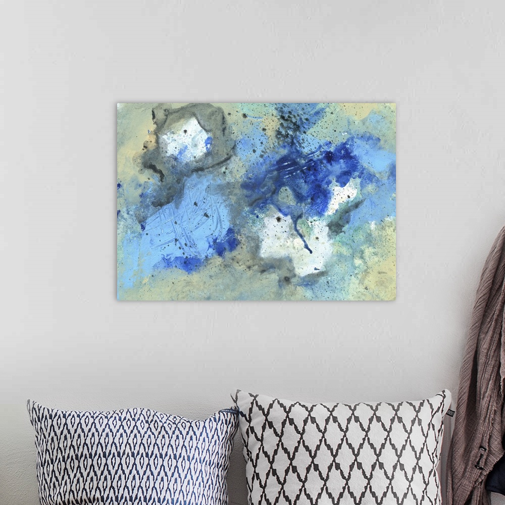A bohemian room featuring Contemporary abstract painting made of splattered shapes in cool tones.