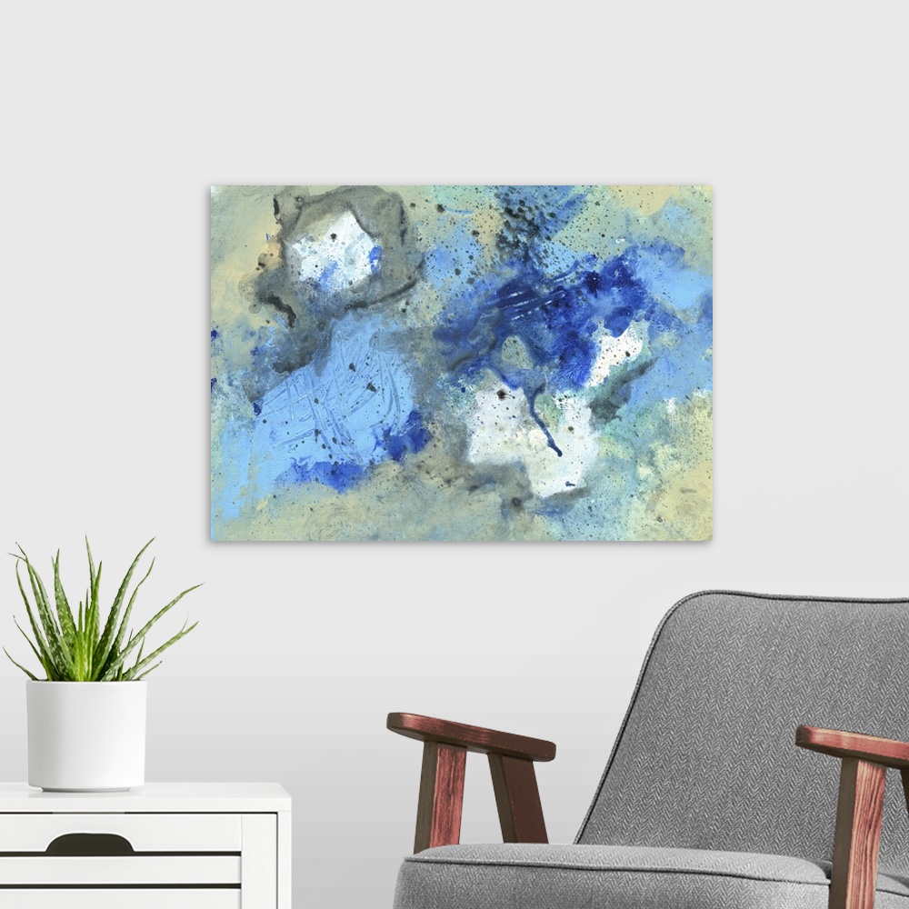 A modern room featuring Contemporary abstract painting made of splattered shapes in cool tones.