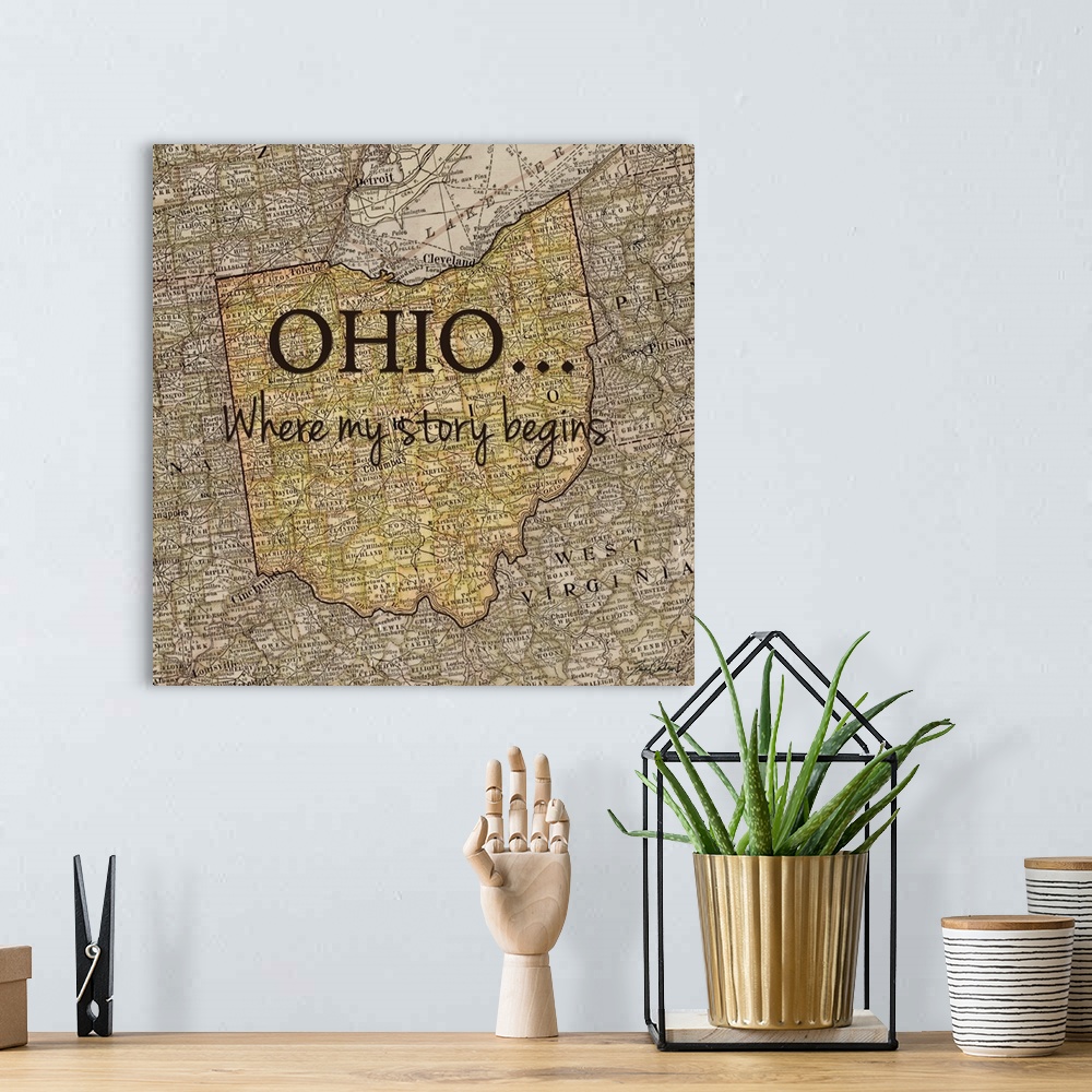 A bohemian room featuring Black text over a map of the state of Ohio.