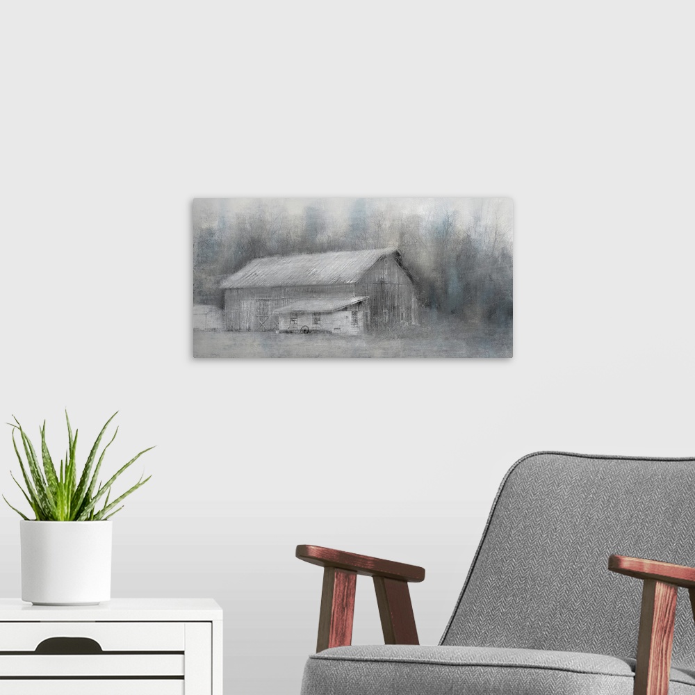 A modern room featuring An image in shades of gray of a barn with trees behind it with a textured overlay.
