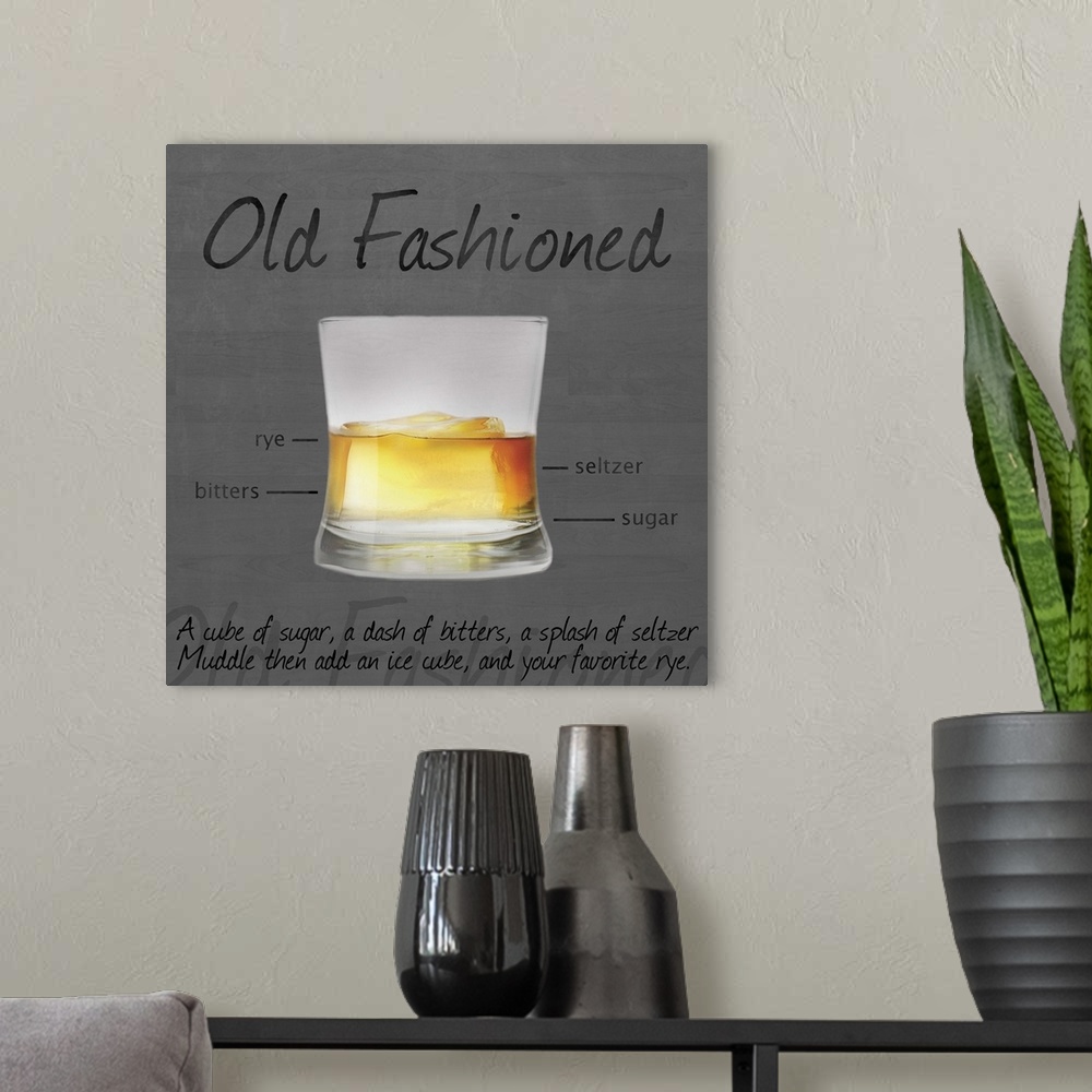 A modern room featuring Artwork of an old fashioned, showing the layers of ingredients.