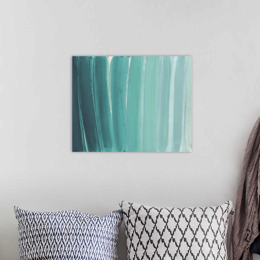 A bohemian room featuring Contemporary abstract artwork made of several vertical lines in turquoise tones.