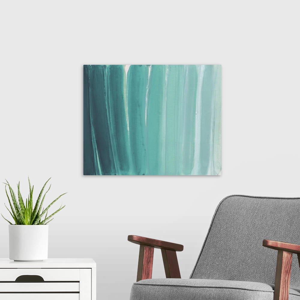 A modern room featuring Contemporary abstract artwork made of several vertical lines in turquoise tones.