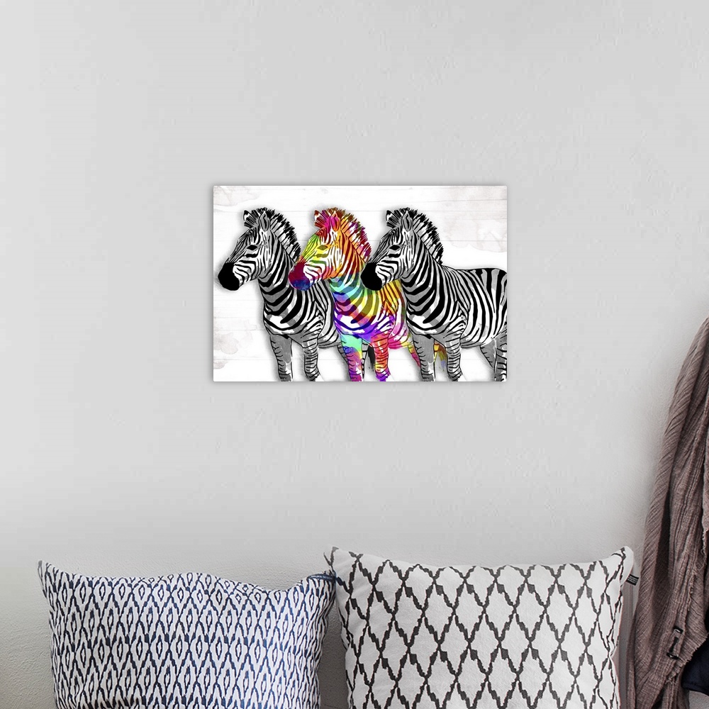 A bohemian room featuring Contemporary artwork of a zebra with multi-colored paint.