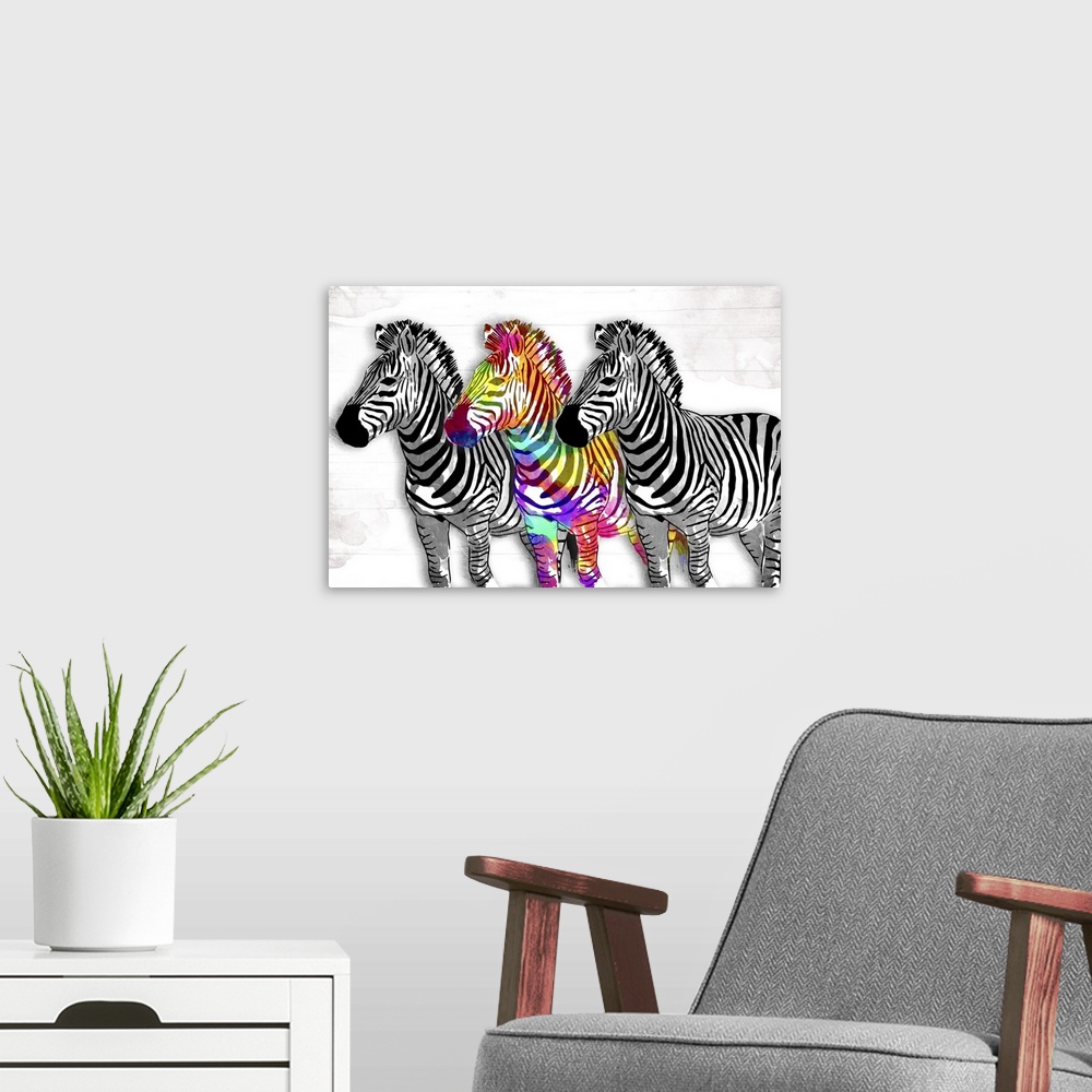A modern room featuring Contemporary artwork of a zebra with multi-colored paint.