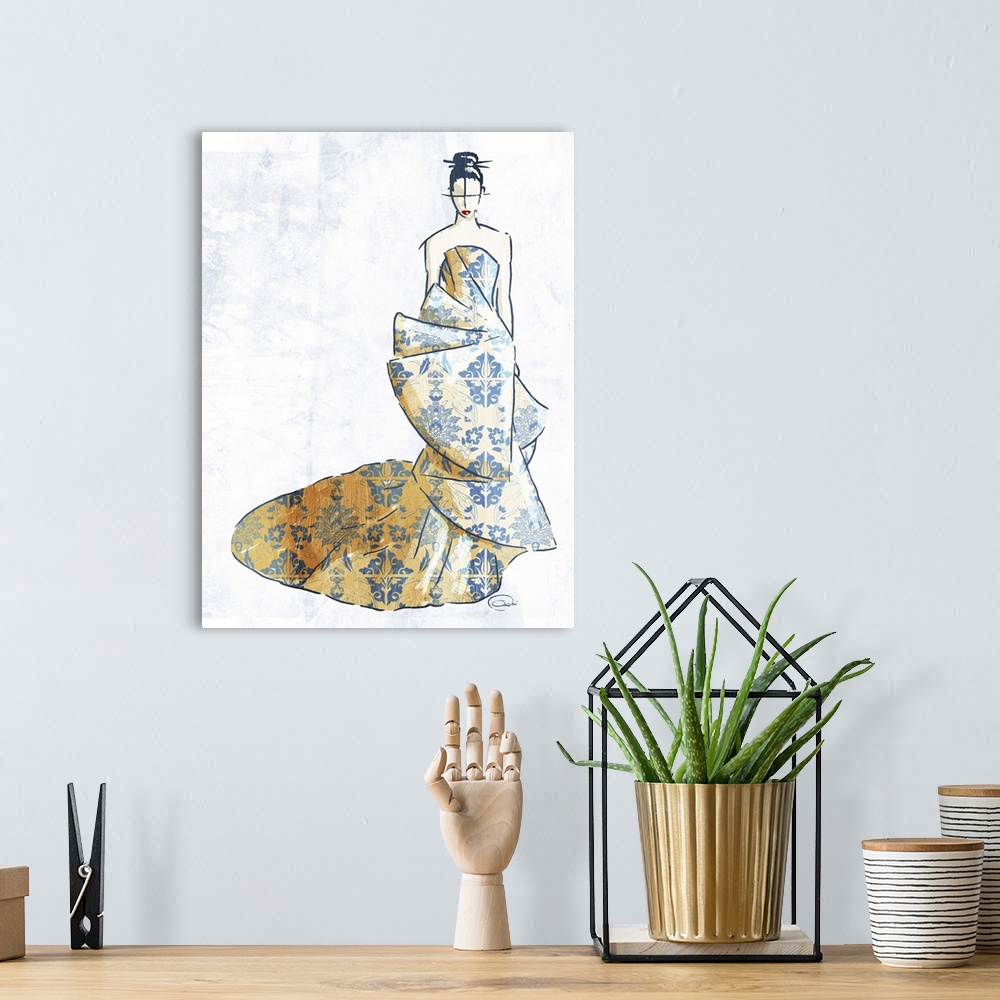 A bohemian room featuring Artwork of a fashion model wearing an Asian-inspired gown.