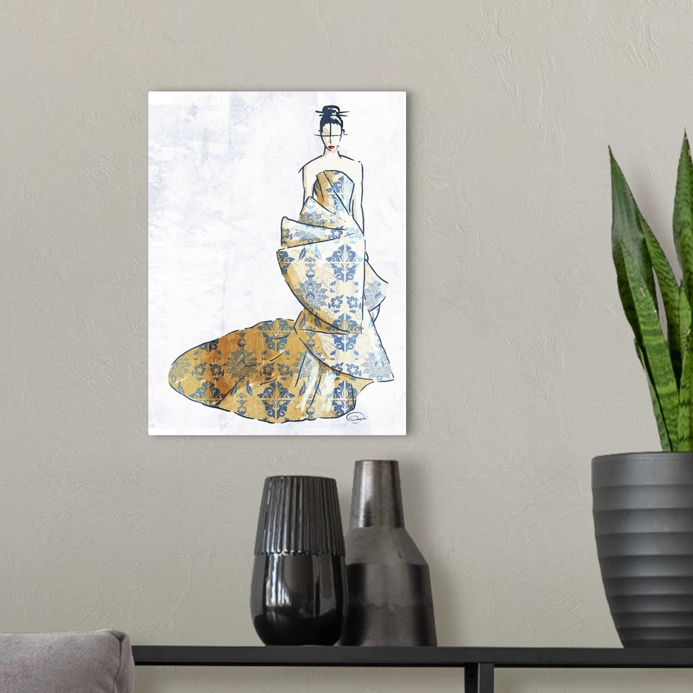 A modern room featuring Artwork of a fashion model wearing an Asian-inspired gown.