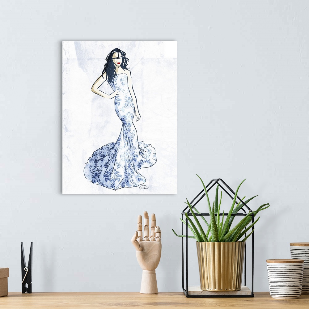 A bohemian room featuring Artwork of a fashion model wearing an Asian-inspired gown.