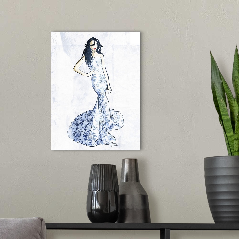 A modern room featuring Artwork of a fashion model wearing an Asian-inspired gown.