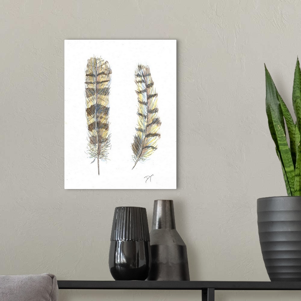 A modern room featuring Painting of two striped feathers from an owl.