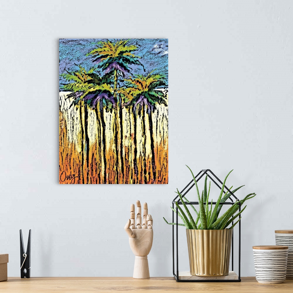 A bohemian room featuring Contemporary piece of art of a group of tall palm trees. In a modern textured style.