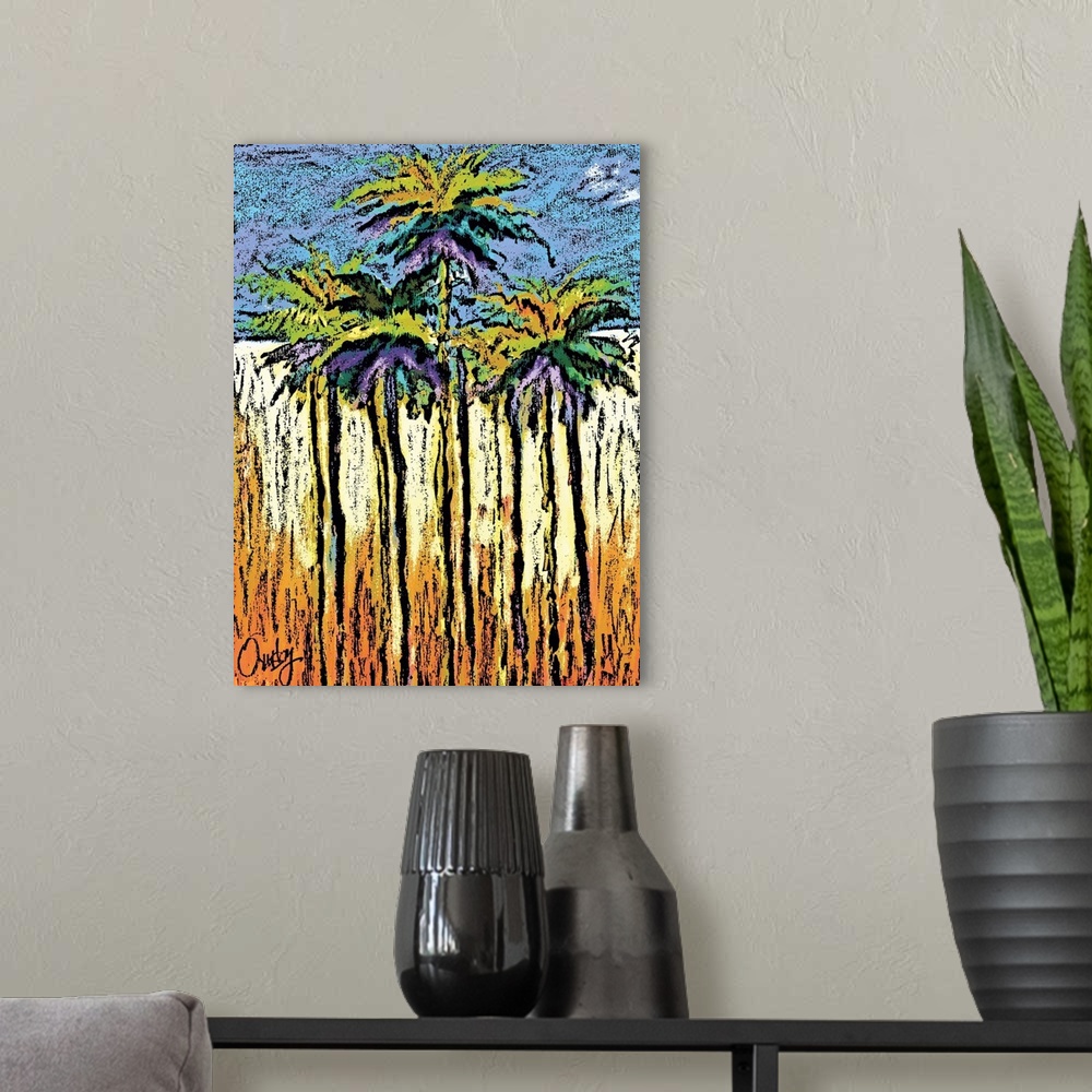 A modern room featuring Contemporary piece of art of a group of tall palm trees. In a modern textured style.