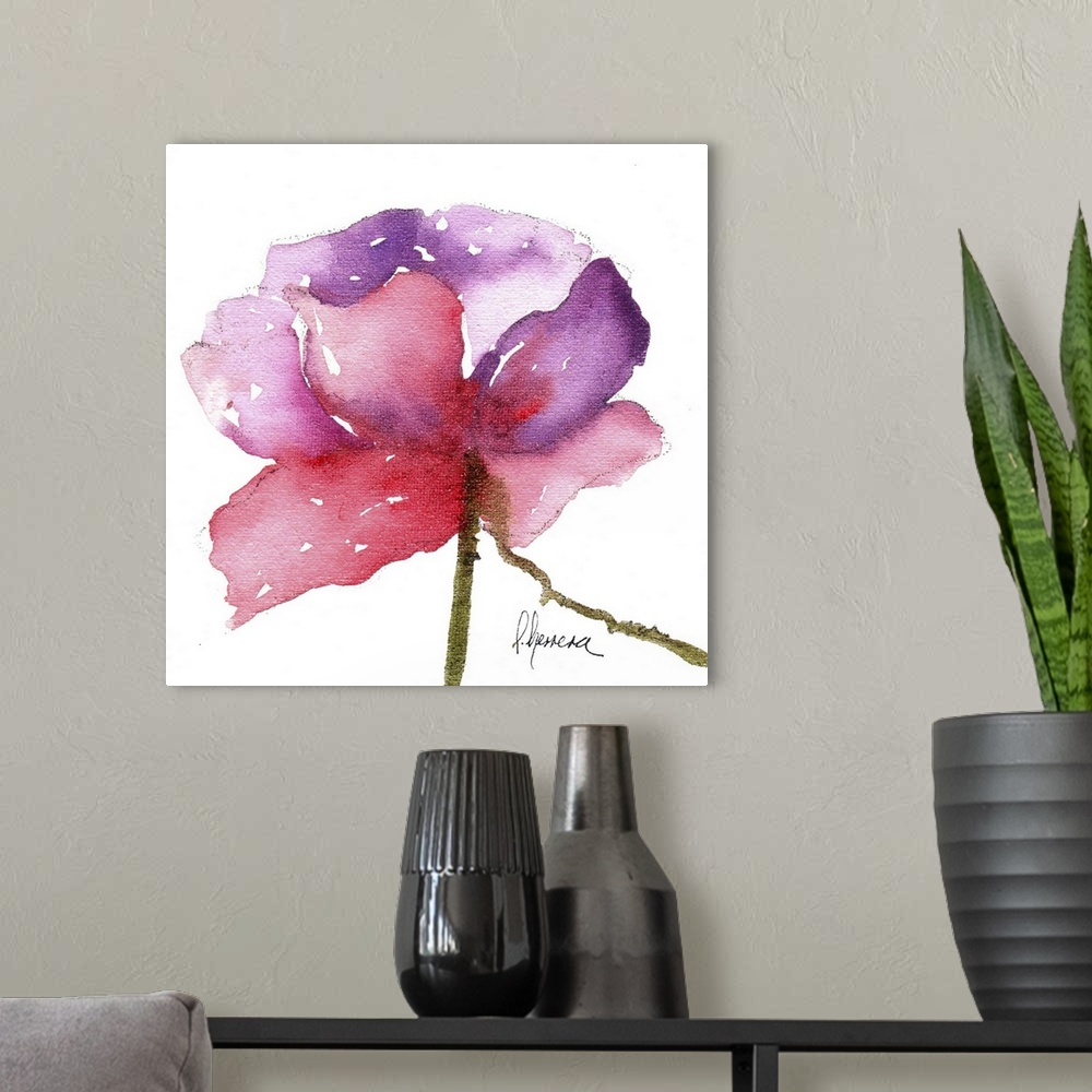 A modern room featuring Contemporary watercolor painting of a vibrant pink flower against a white background.