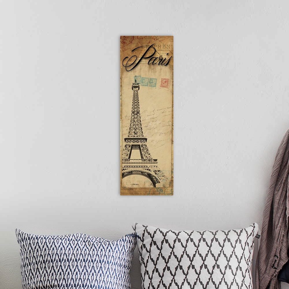 A bohemian room featuring Artwork of the Eiffel Tower against a postage patterned background. With "Paris" at the top of th...
