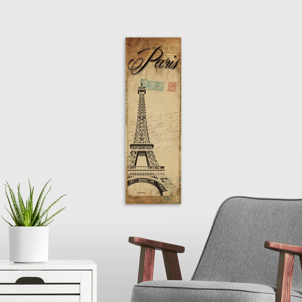 A modern room featuring Artwork of the Eiffel Tower against a postage patterned background. With "Paris" at the top of th...