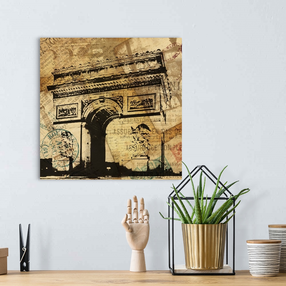 A bohemian room featuring Contemporary artwork of the Arc de Triomphe against travel and postage documentation in sepia tone.