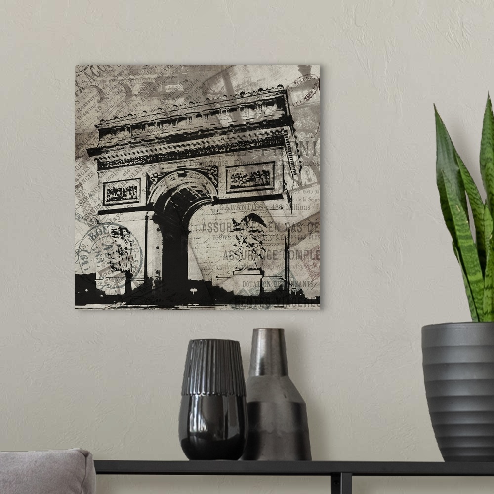A modern room featuring Contemporary artwork of the Arc de Triomphe against travel and postage documentation in black and...