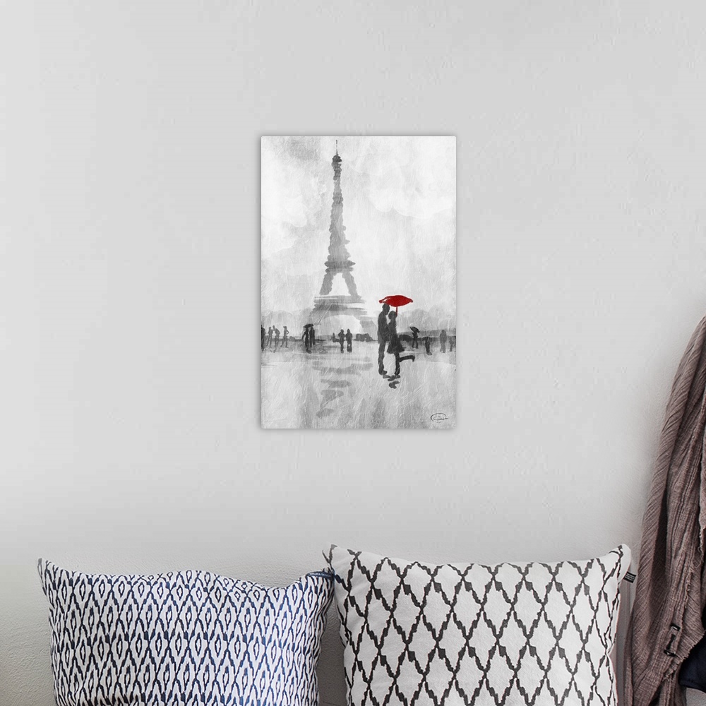 A bohemian room featuring Watercolor painting of a couple with a red umbrella embracing near the Eiffel Tower.