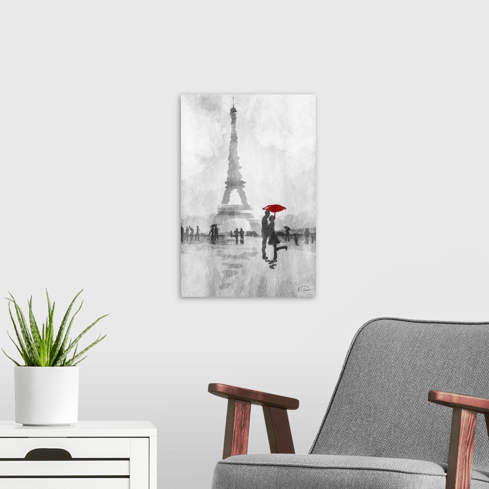 A modern room featuring Watercolor painting of a couple with a red umbrella embracing near the Eiffel Tower.