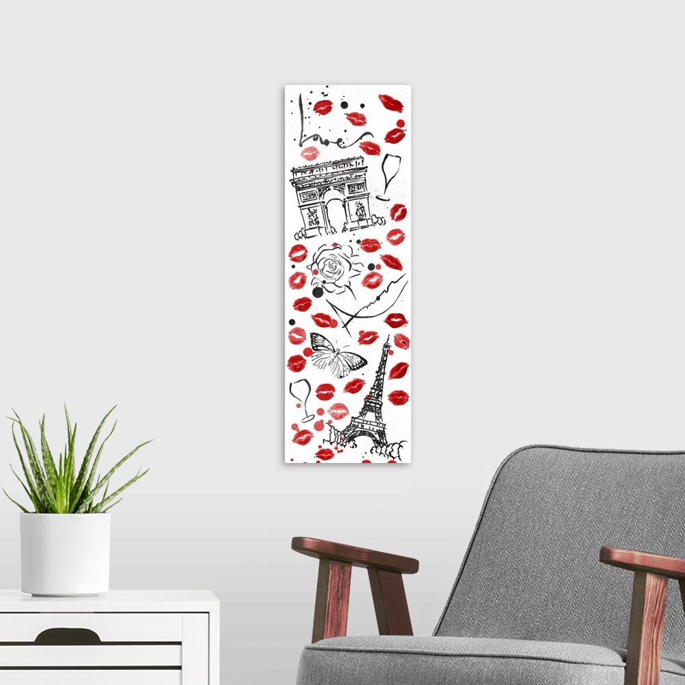 A modern room featuring The Arc de Triomphe and Eiffel Tower surrounded by red lipstick stains.