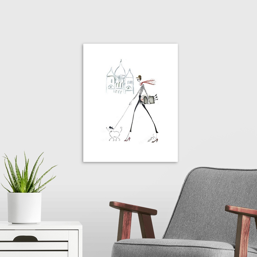 A modern room featuring Artwork of a slender fashionable woman walking her small dog with a Parisian landmark in the back...