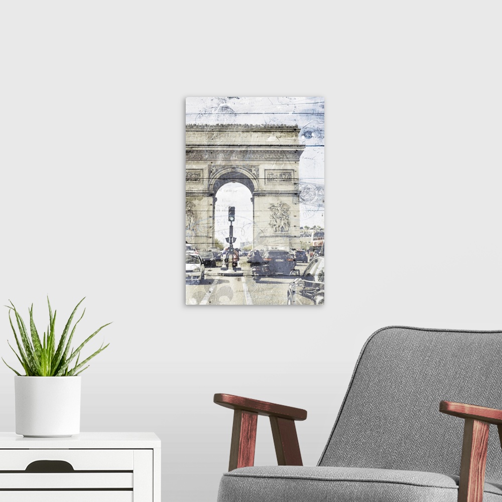 A modern room featuring Photograph of the Arc de Triomphe with rows of traffic in the foreground and a faint wood panel a...