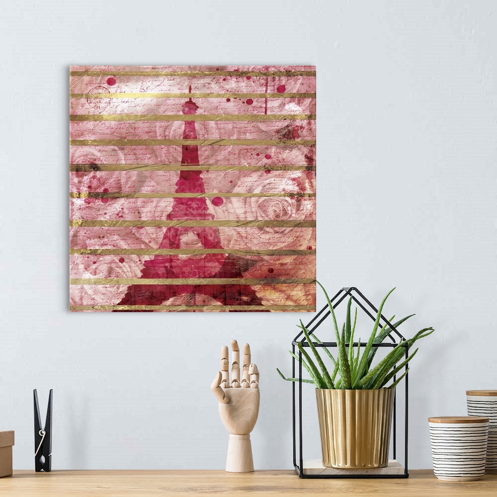 A bohemian room featuring A pink watercolor painting of the Eiffel Tower on a background with pink roses and handwritten te...