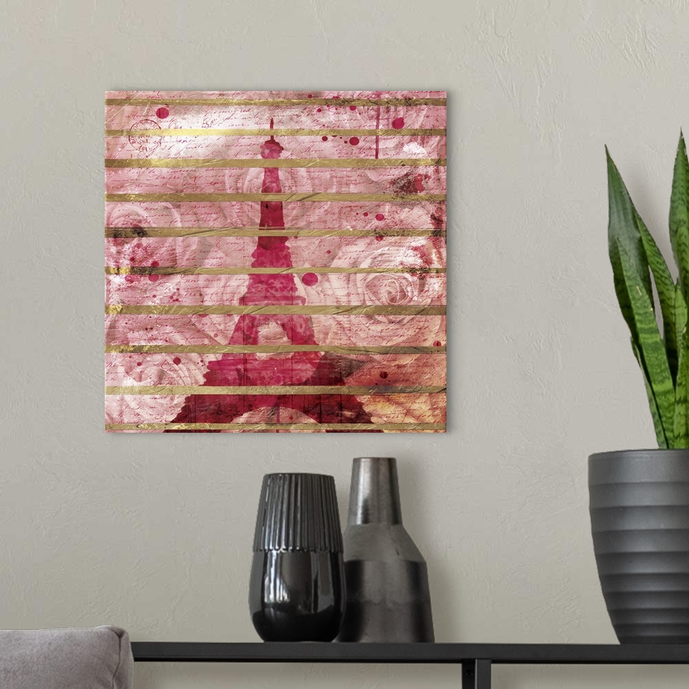 A modern room featuring A pink watercolor painting of the Eiffel Tower on a background with pink roses and handwritten te...
