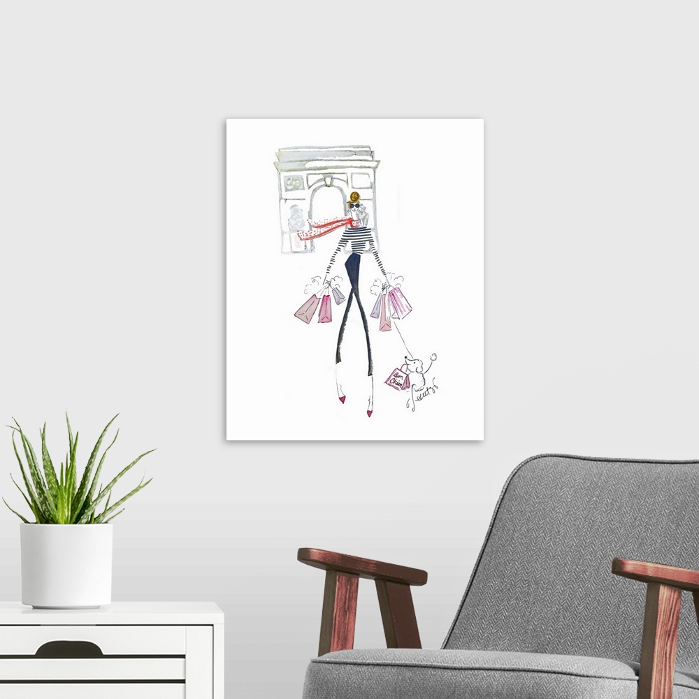 A modern room featuring Artwork of a slender fashionable woman holding shopping bags while walking her dog with a Parisia...