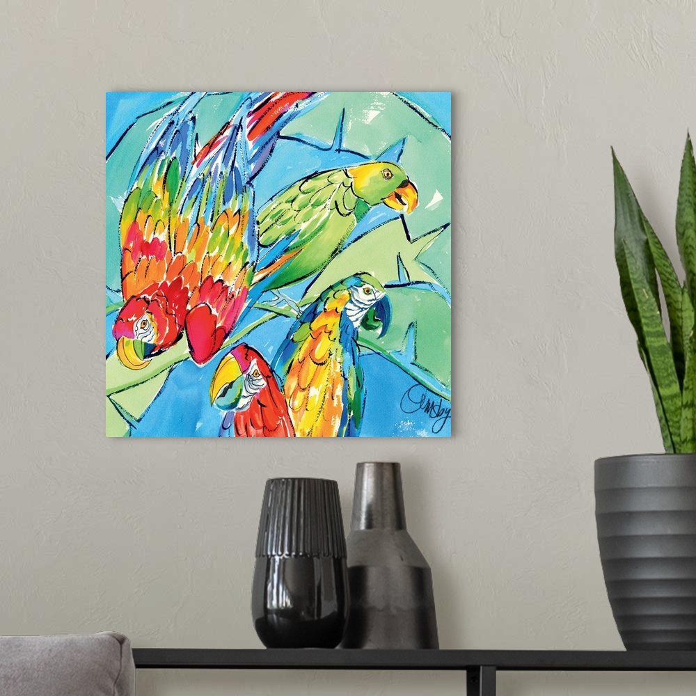 A modern room featuring Contemporary artwork of three brightly colored macaw parrots. Surrounded by large lush tropical l...