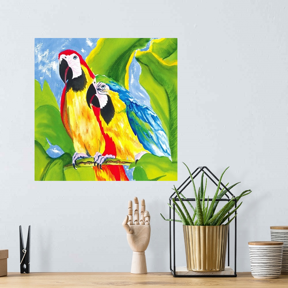 A bohemian room featuring Contemporary artwork of two brightly colored macaw parrots, sitting on a branch together. Surroun...