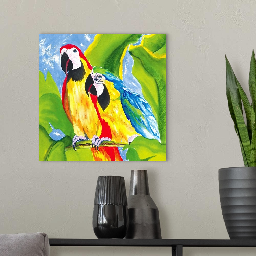 A modern room featuring Contemporary artwork of two brightly colored macaw parrots, sitting on a branch together. Surroun...