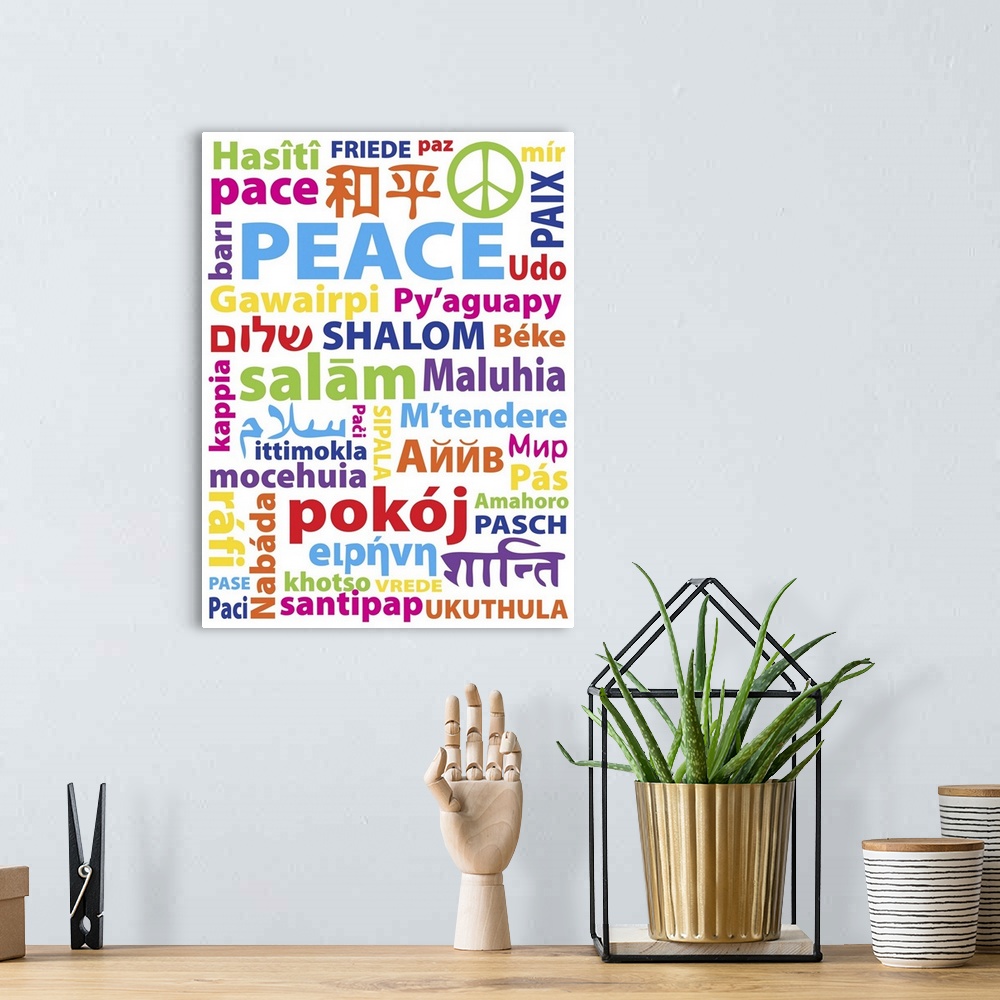 A bohemian room featuring Typography art with the word "Peace" in many different languages.