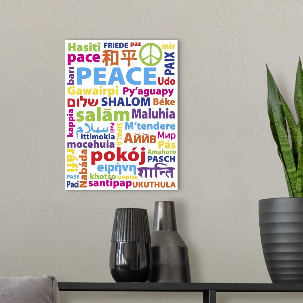 A modern room featuring Typography art with the word "Peace" in many different languages.