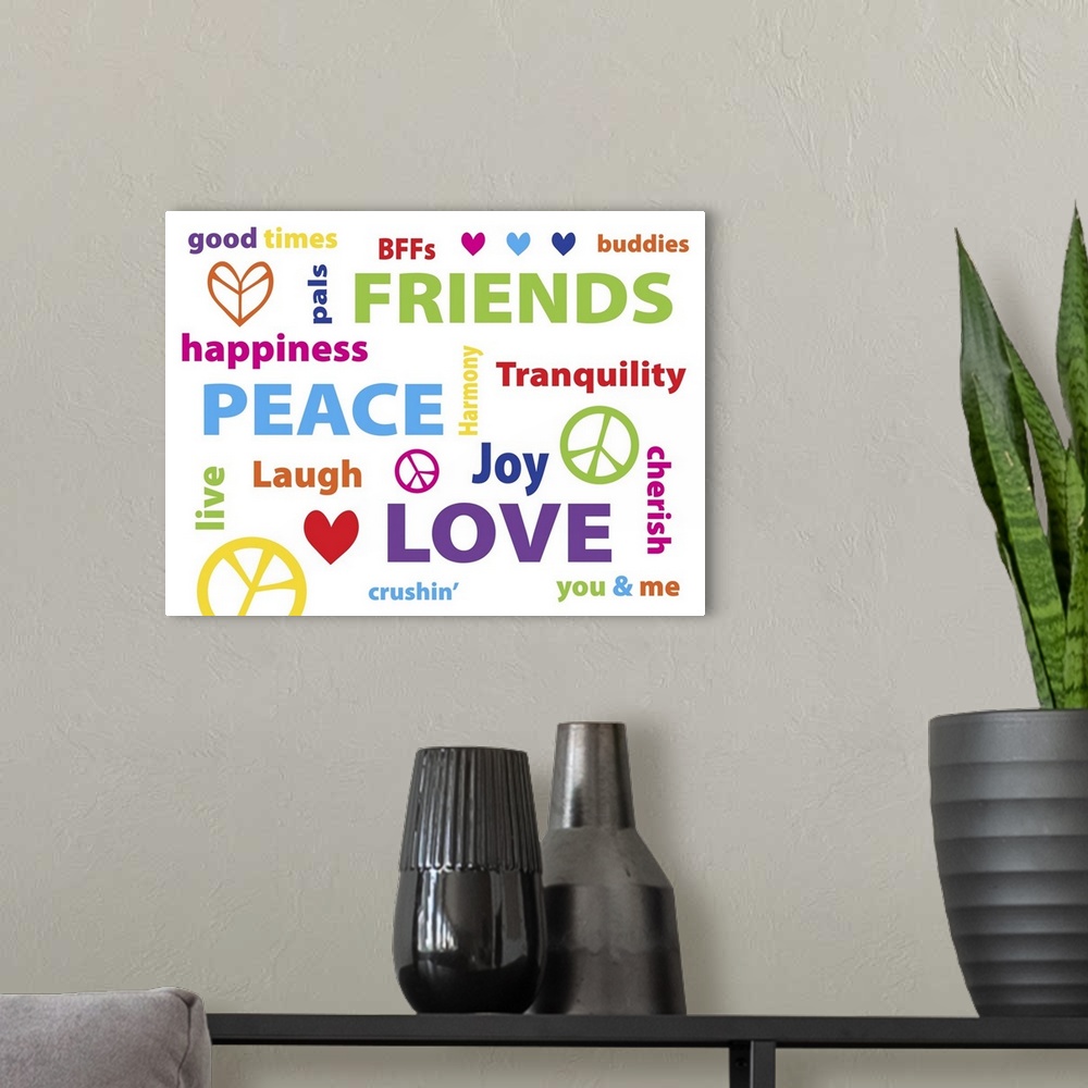 A modern room featuring Typography art with the words "Peace, Love, Friends" in many different languages.