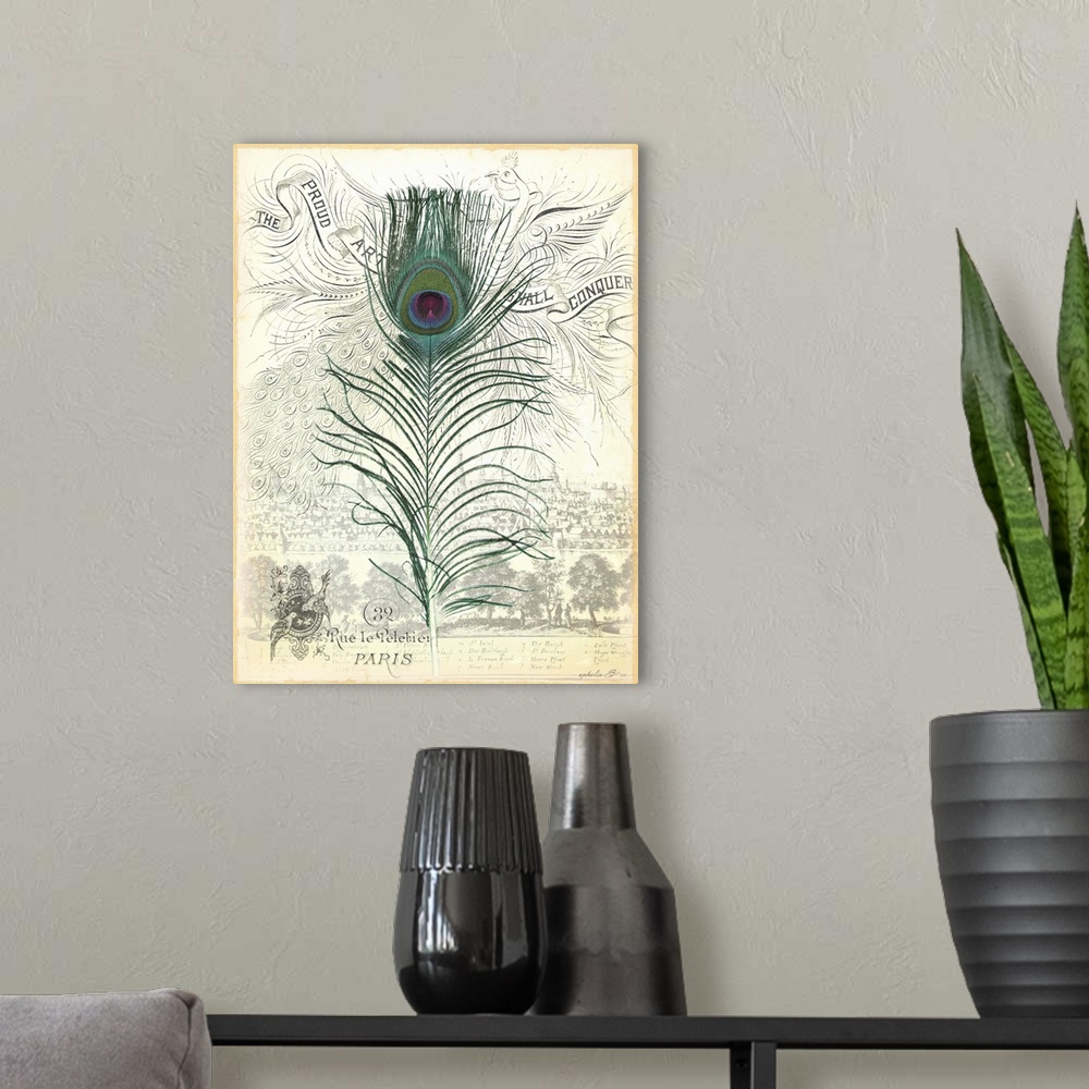 A modern room featuring Illustration of a peacock tail feather on a page from a vintage book.