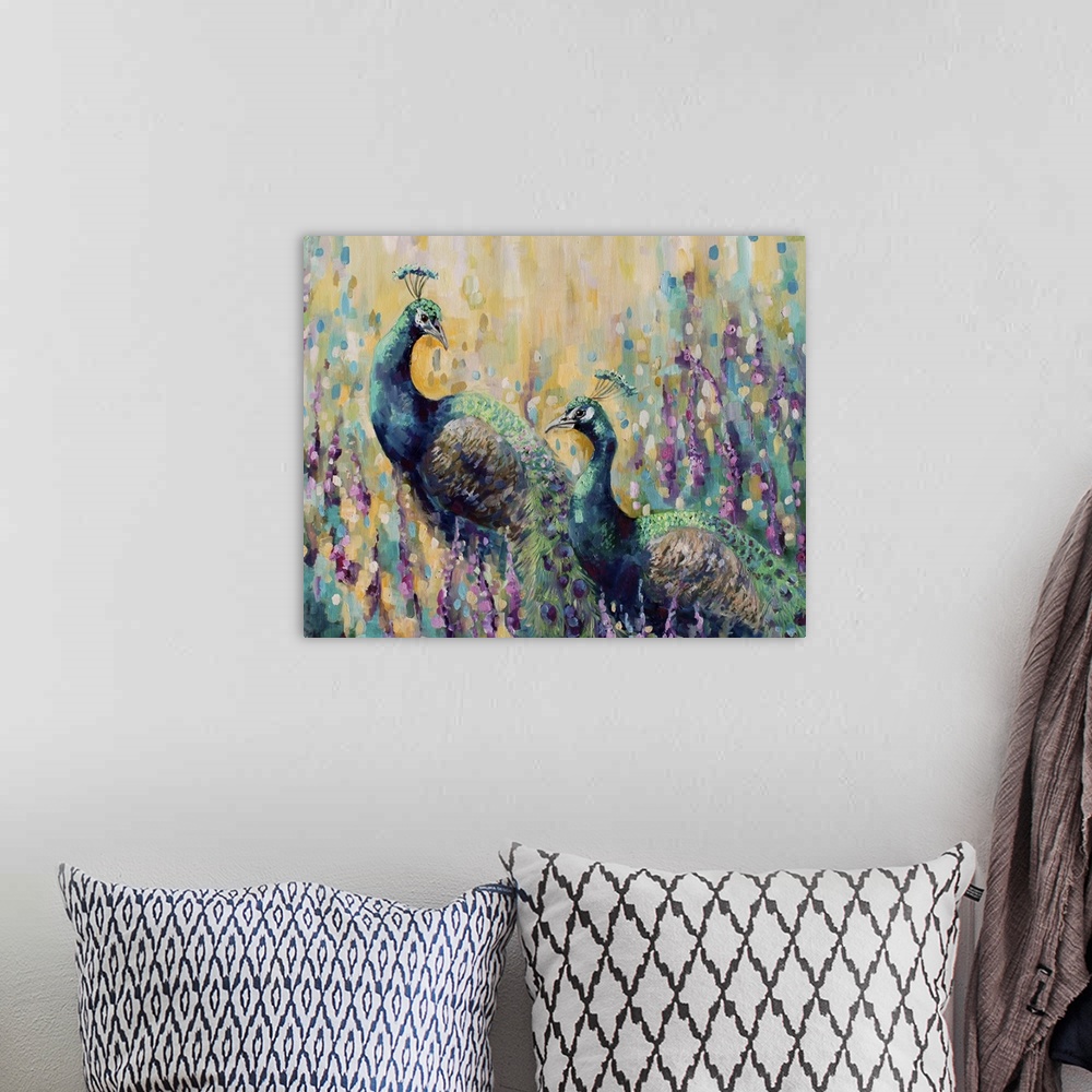 A bohemian room featuring Contemporary painting of two peacocks against a colorful abstract background.