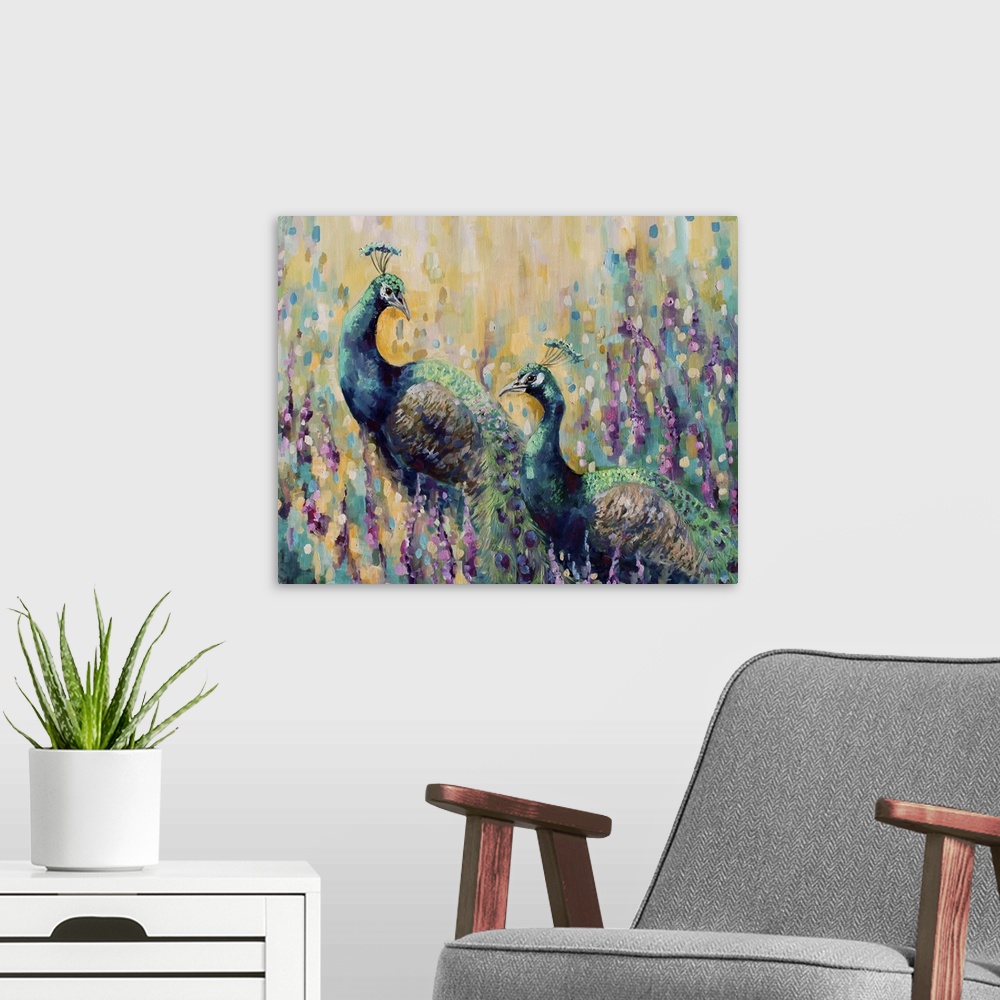 A modern room featuring Contemporary painting of two peacocks against a colorful abstract background.
