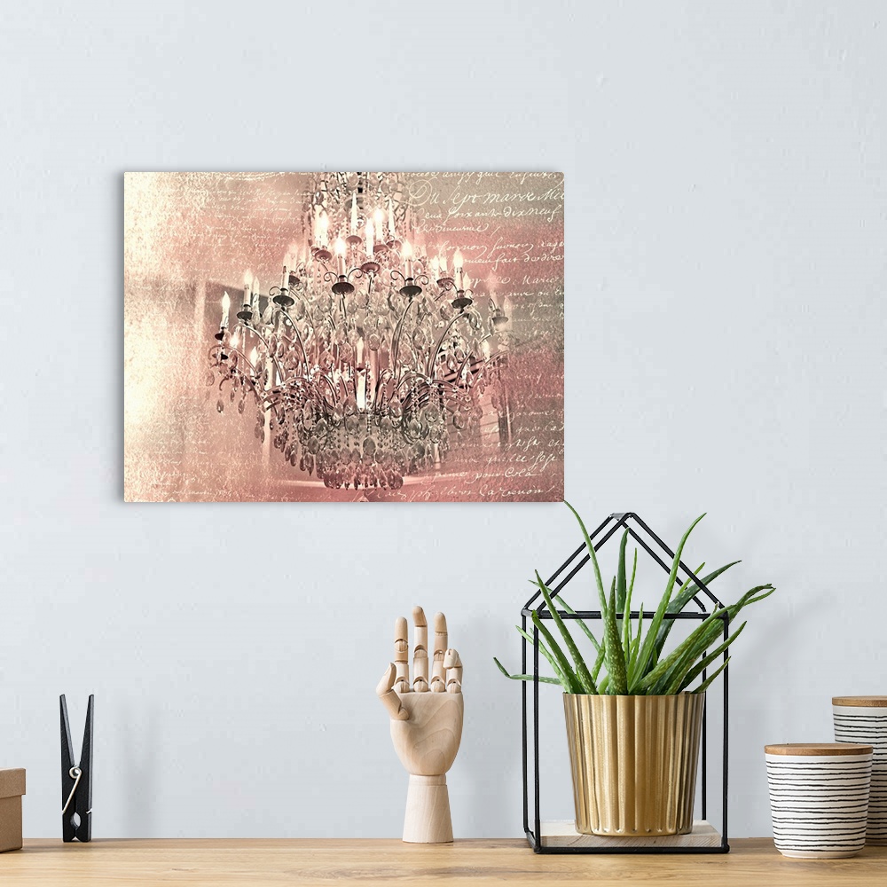 A bohemian room featuring A chandelier on a pink toned background with white handwritten text