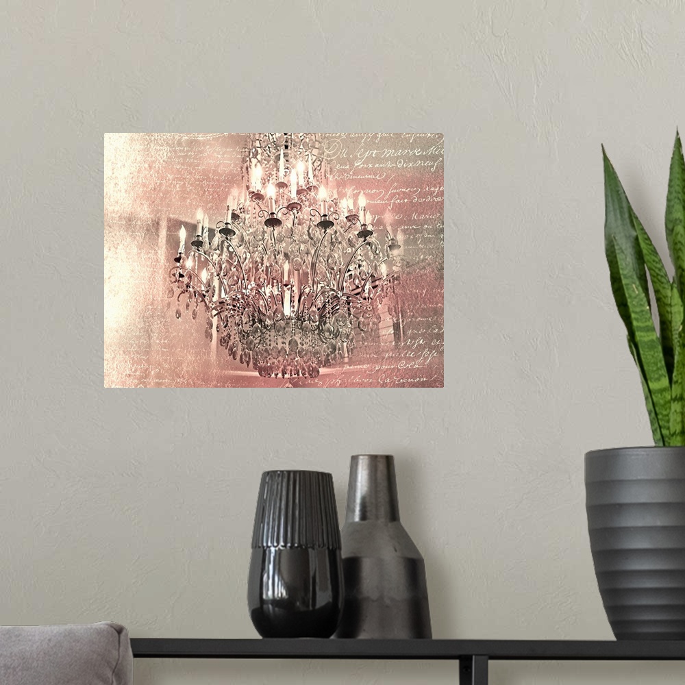 A modern room featuring A chandelier on a pink toned background with white handwritten text