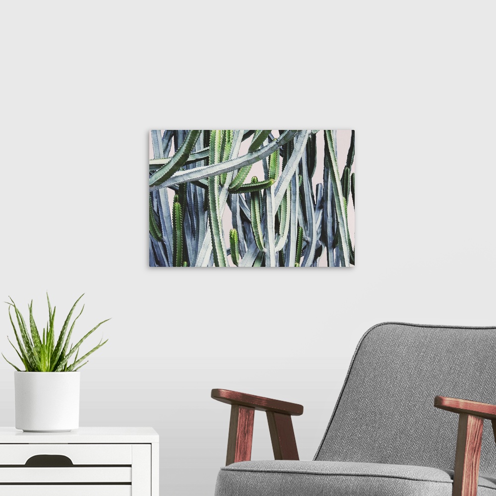 A modern room featuring Abstract image of several cactus plants with long branches intertwining.