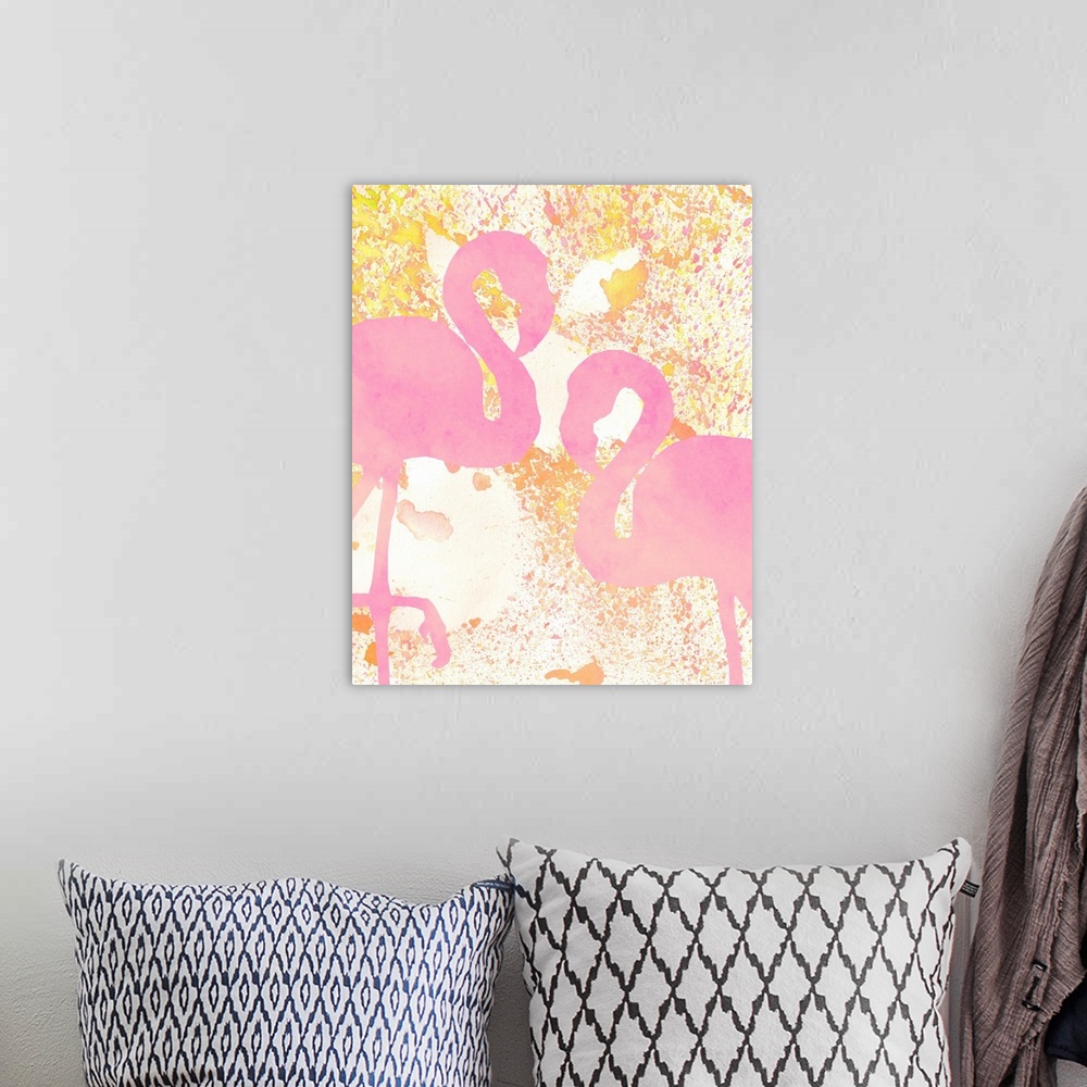 A bohemian room featuring A watercolor painting of two pink flamingos on a yellow, orange, and pink paint splattered backgr...