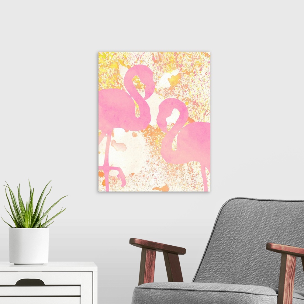 A modern room featuring A watercolor painting of two pink flamingos on a yellow, orange, and pink paint splattered backgr...