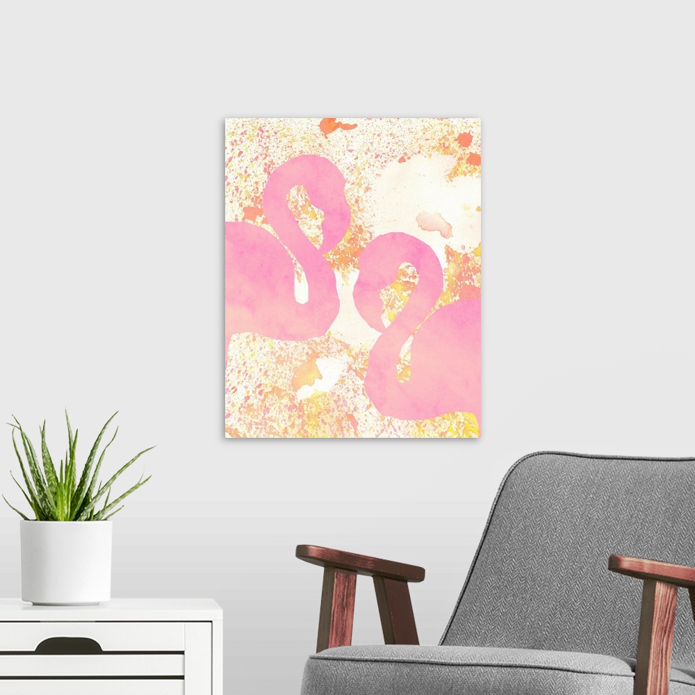 A modern room featuring A watercolor painting of two pink flamingos on a yellow, orange, and pink paint splattered backgr...