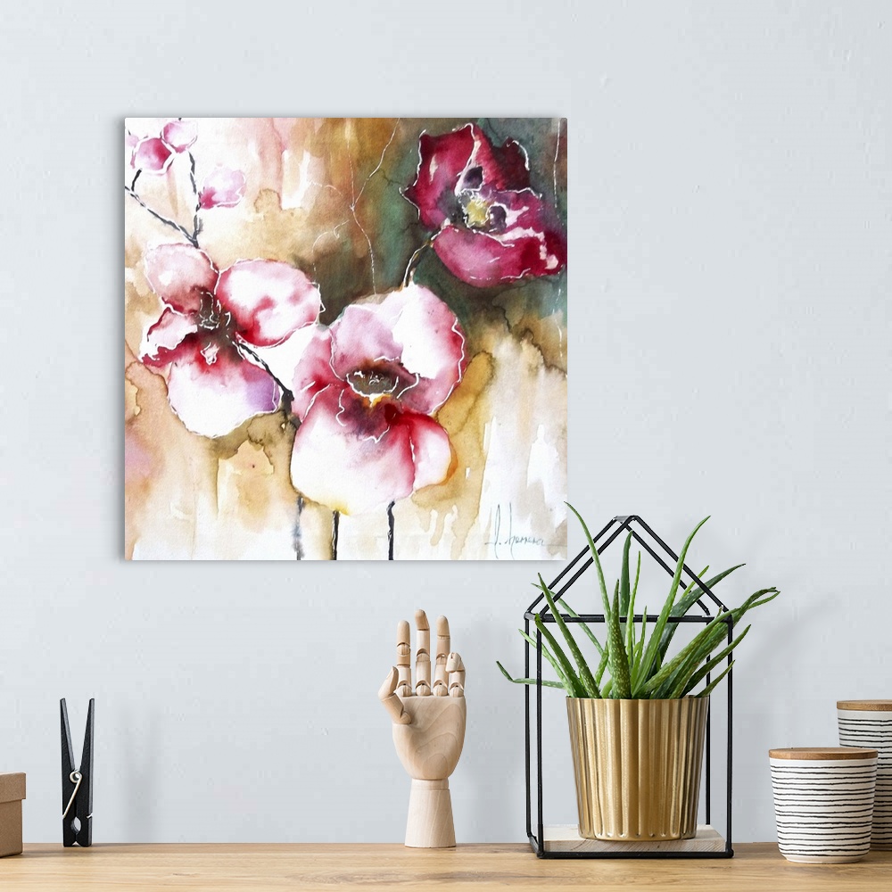 A bohemian room featuring Contemporary painting of several bright pink orchid flowers.